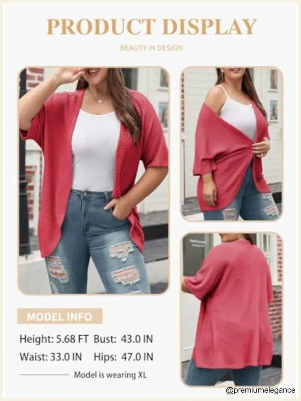 Plus Size Short Sleeve Waffle Knit Kimono Cardigan Open Front (1X-5X)
